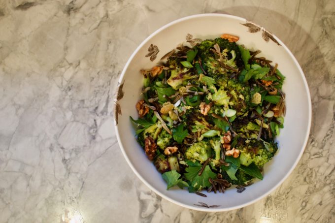 Winter Wild Rice and Broccoli salad with pickled raisins