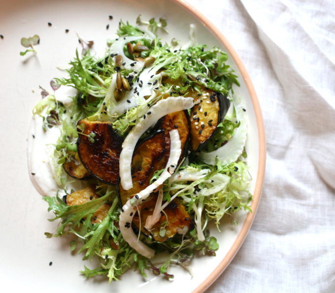 Siggi's Yogurt Roasted Acorn Squash with Frisee and Micro Greens, Pickled Fennel and Toasted Seeds