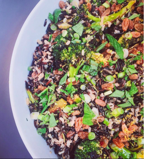 Winter Wild Rice and Broccoli salad with pickled raisins and herbs